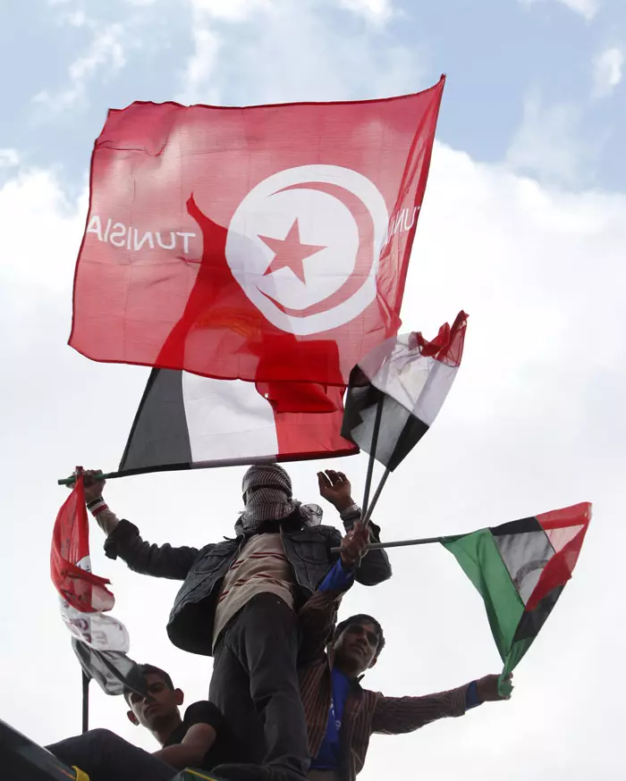 "אם הם ישתמשו בכוח, גם אנחנו נשתמש בכוח". מפגינים עם דגלי מצרים, טוניסיה ולוב