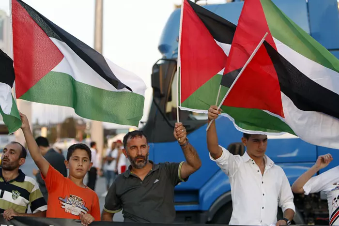 מביעים את מחאתם. האוהדים חמושים בדגלי פלסטין