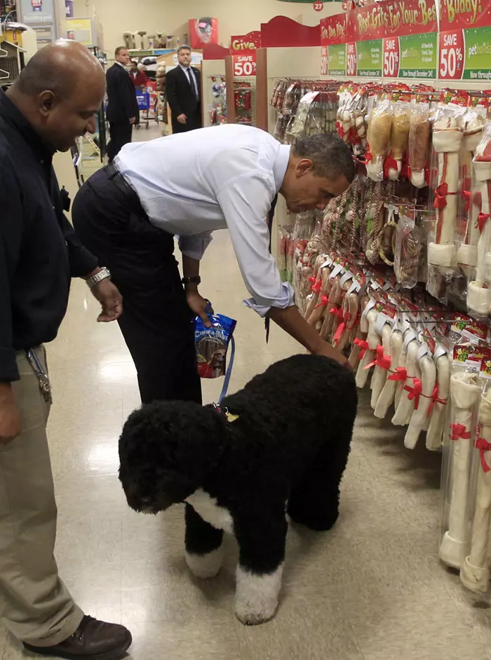 ברק אובאמה ובו הכלב עושים קניות לחג המולד. וירג'יניה, ארה"ב. 21.12.2011