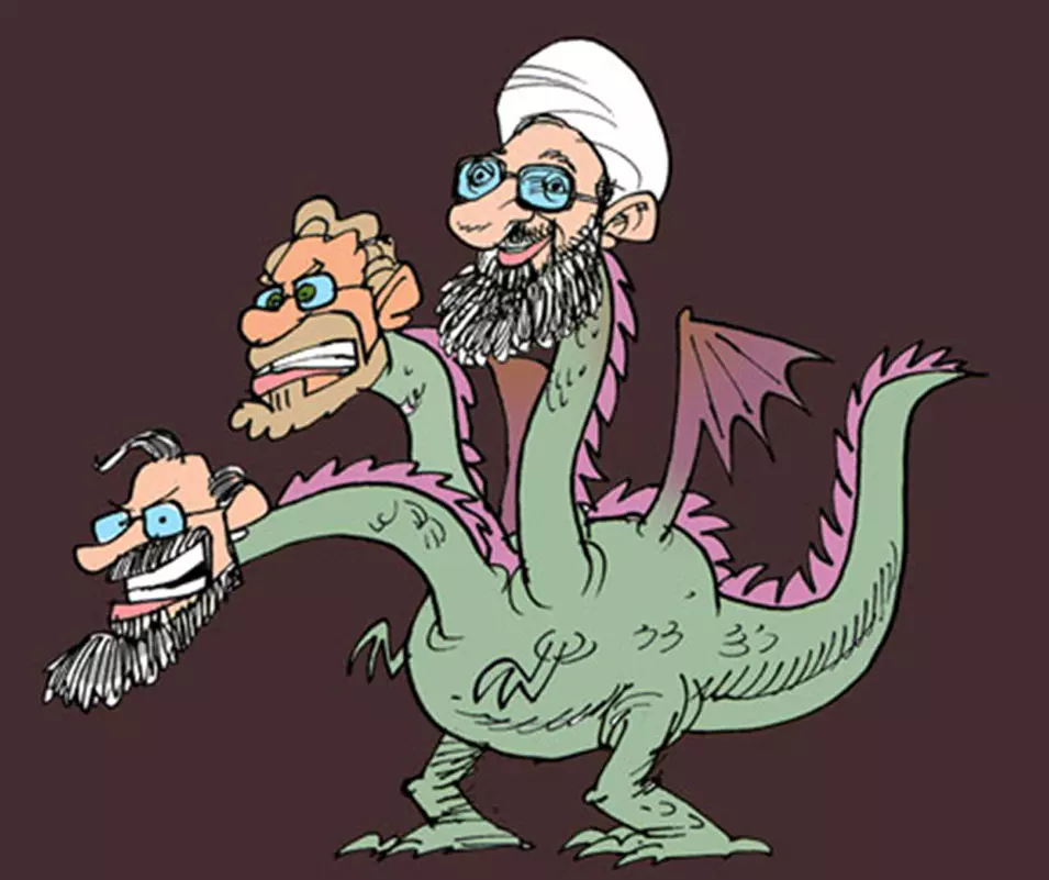 דרקון תלת-ראשי: צאדק, עלי ומוחמד ג'וואד לריג'אני, בקריקטורה מהתקשורת האירנית