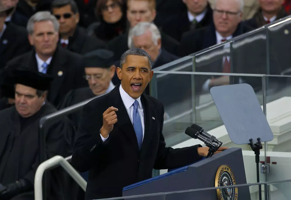 נשיא ארצות הברית ברק אובמה נואם בטקס השבעתו מחדש