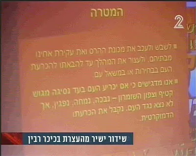 שקופית שהוקרנה בהפגנה נגד ההתנתקות בכיכר רבין