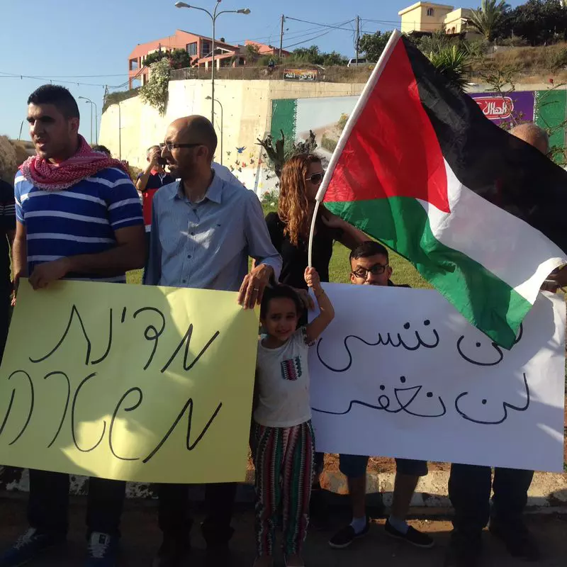 המפגינים מניפים שלטים בגנות ישראל