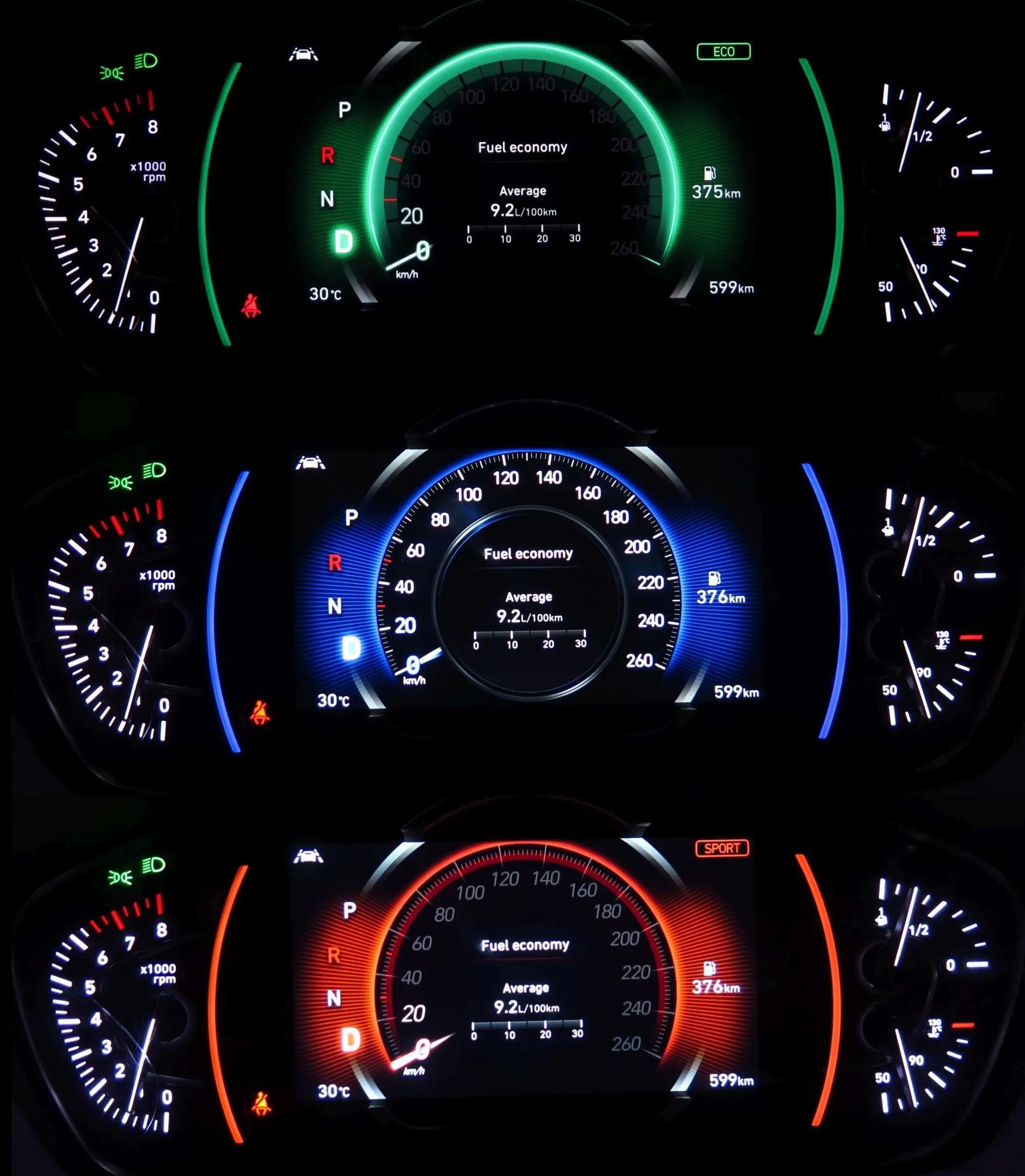 ניתן לבחור בכמה סגנונות נהיגה, וצבעוניות התצוגה משתנה בהתאם. מצב ECO הירוק הוא המתאים ביותר לנהיגה רגועה