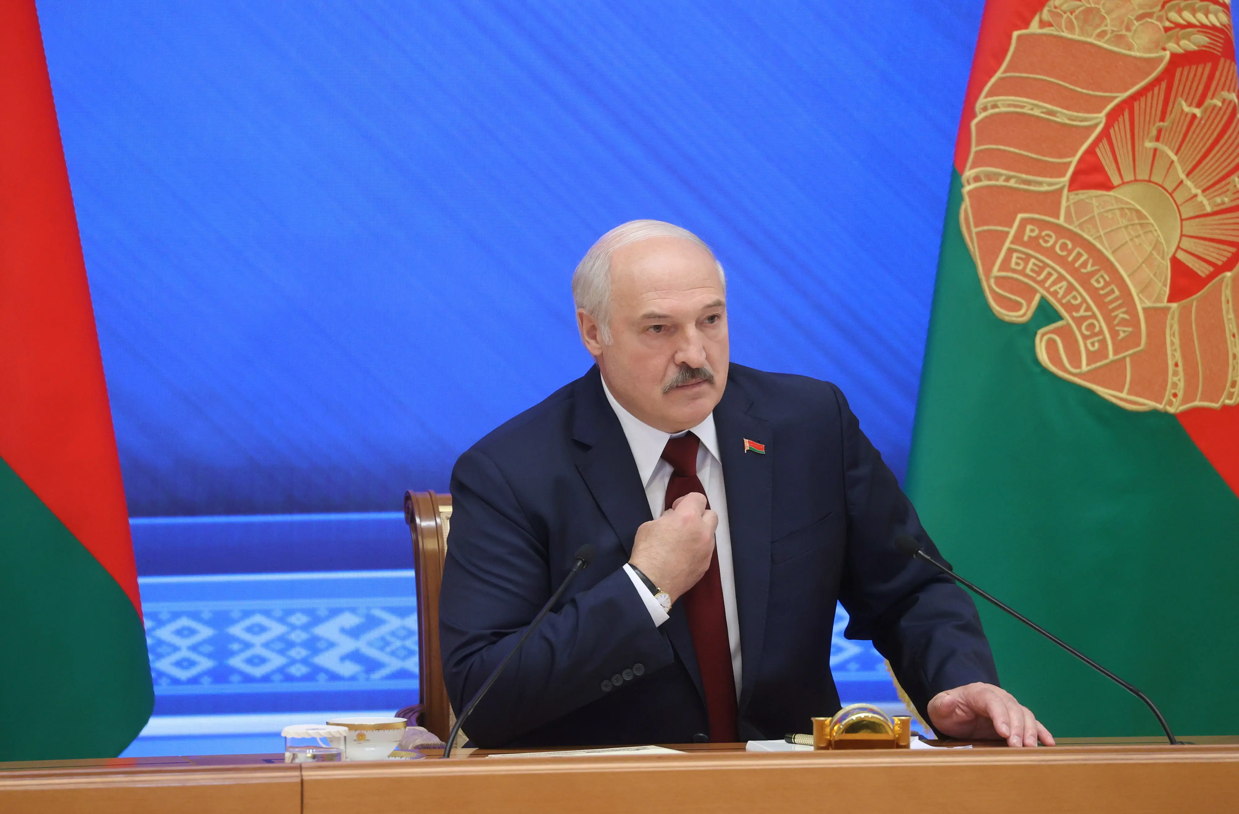 Belarusian President Alexander Lukashenko holds a news conference in Minsk, Belarus August 9, 2021. Nikolay Petrov/BelTA/Handout via REUTERS ATTENTION EDITORS - THIS IMAGE WAS PROVIDED BY A THIRD PARTY. NO RESALES. NO ARCHIVES. MANDATORY CREDIT.