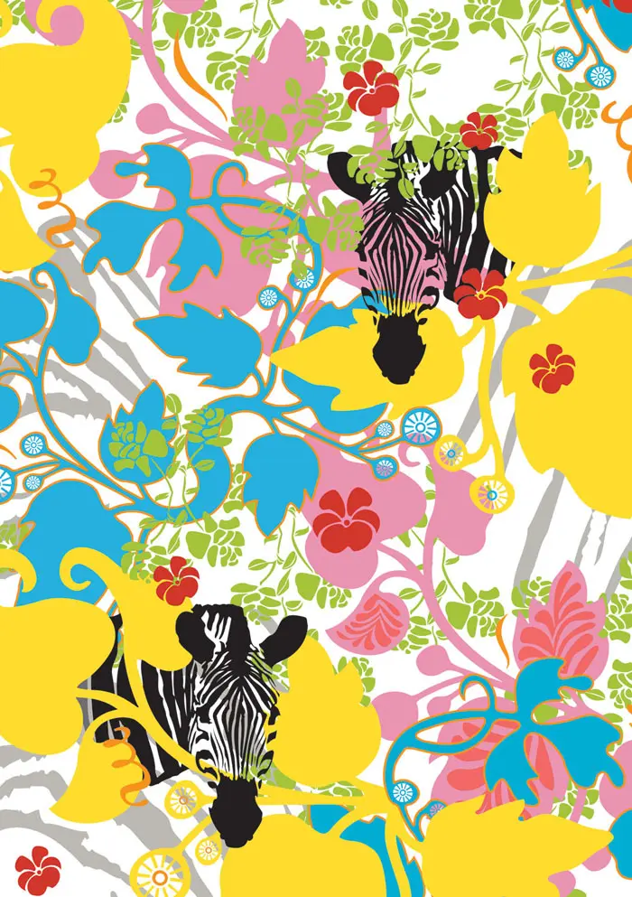 זברות מציצות מסבך צמחיה ססגוני. טפט עם פאטרן בשם "Zebrashog" בעיצוב Hanna Wering, מתוך הספר Patterns מאת Drusilla Cole בהוצאת Laurence King.