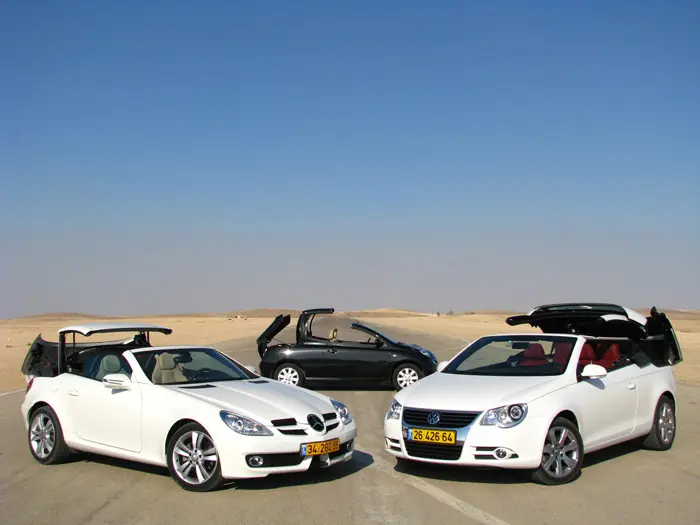 מבחן לשלוש מכוניות פתוחות עם גג קשיח מרצדס SLK פולקסווגן איוס ניסאן מיקרה CC