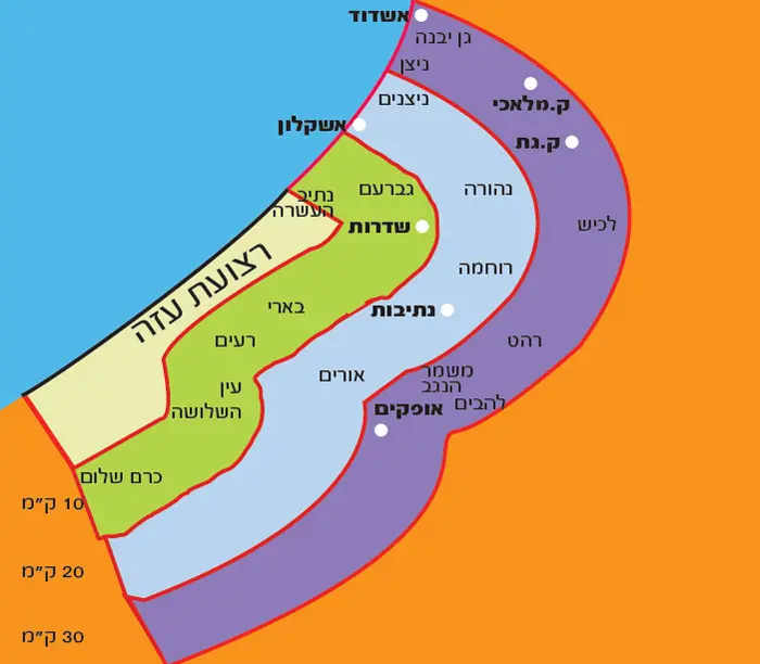 מפת טווח הרקטות למערב הנגב