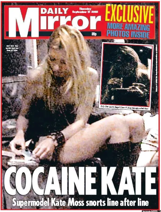 קייט מוס מסניפה קוקאין על שער הדיילי מירור, 2005