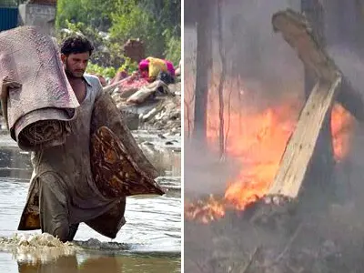 מימין: רוסיה - התושבים מצטרפים למאמץ לכיבוי השריפות. משמאל: גבר נושא שטיח באזור שהוצף בשיטפונות בפקיסטן
