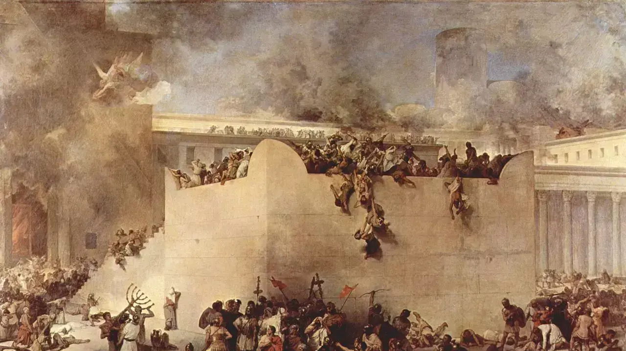 חורבן בית המקדש בירושלים, מתאר את החורבן והביזה של בית המקדש בידי חיילים רומאים. ציור של פרנצ'סקו הייז
