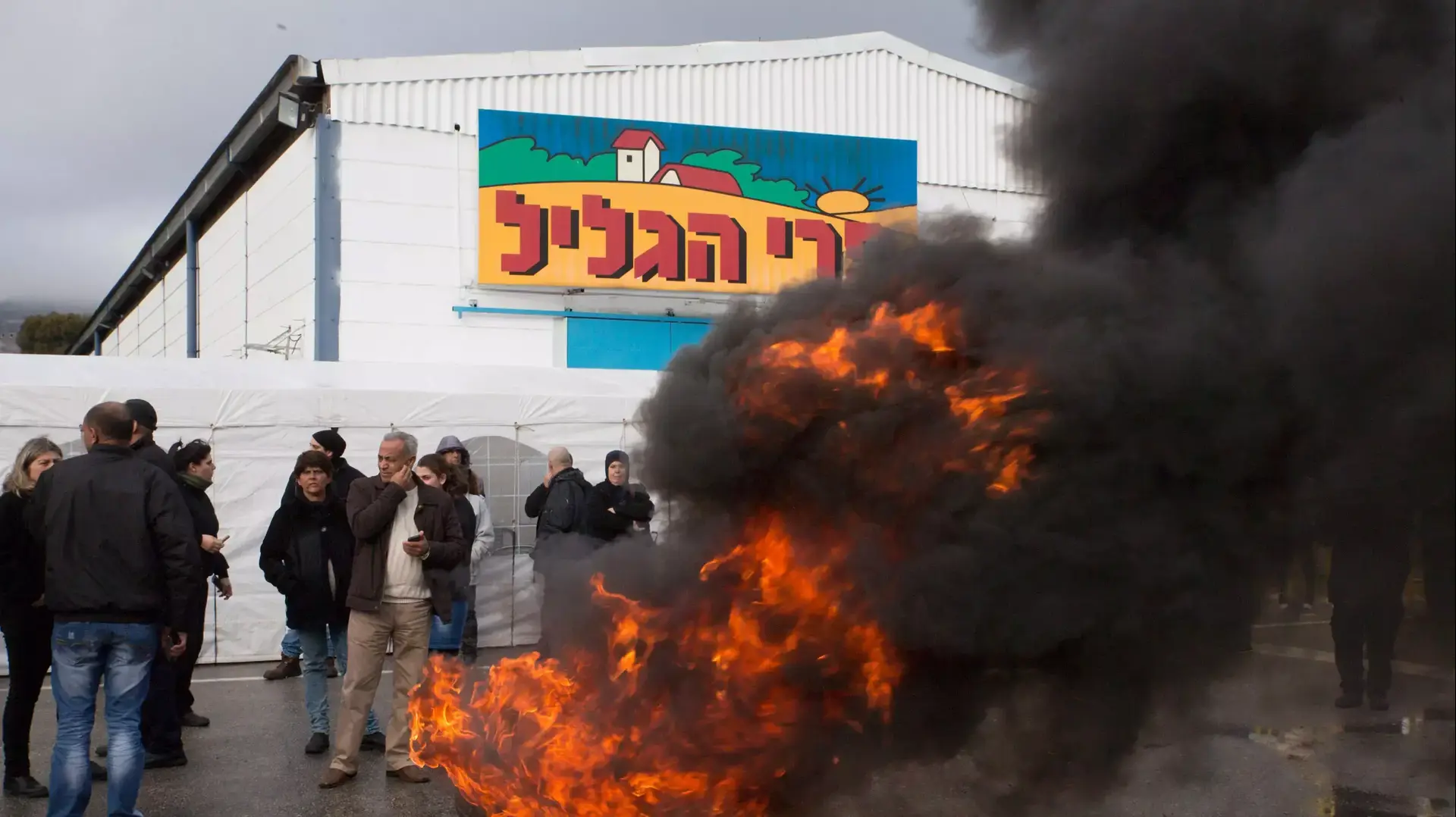 עובדי מפעל פרי הגליל מחוץ למפעל הבוקר, ינואר 2015