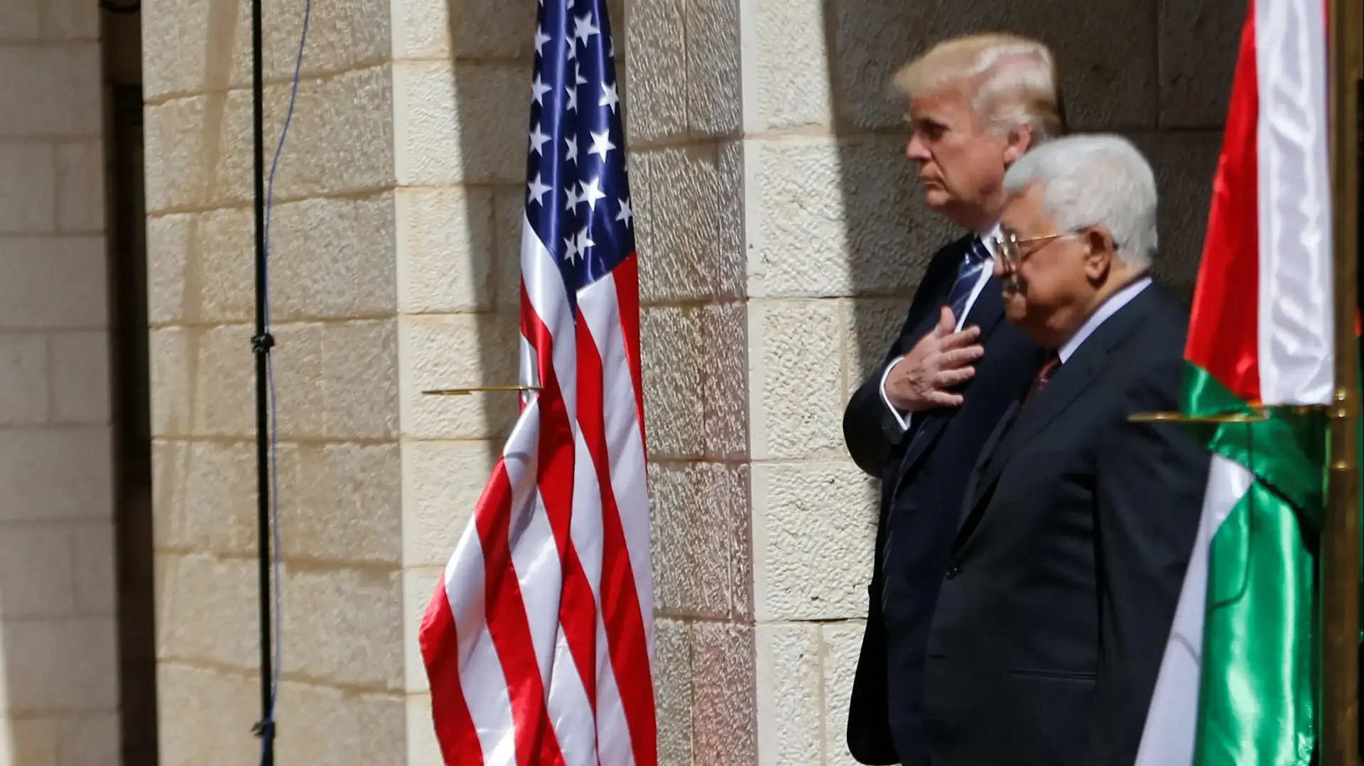 הנשיא דונלד טראמפ וראש הרשות אבו מאזן בפגישתם בבית לחם 23 במאי 2017
