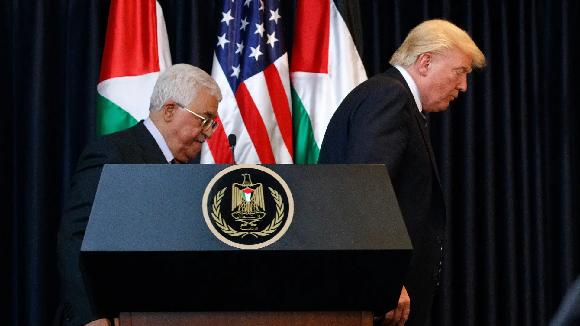הנשיא דונלד טראמפ וראש הרשות אבו מאזן בפגישתם בבית לחם 23 במאי 2017