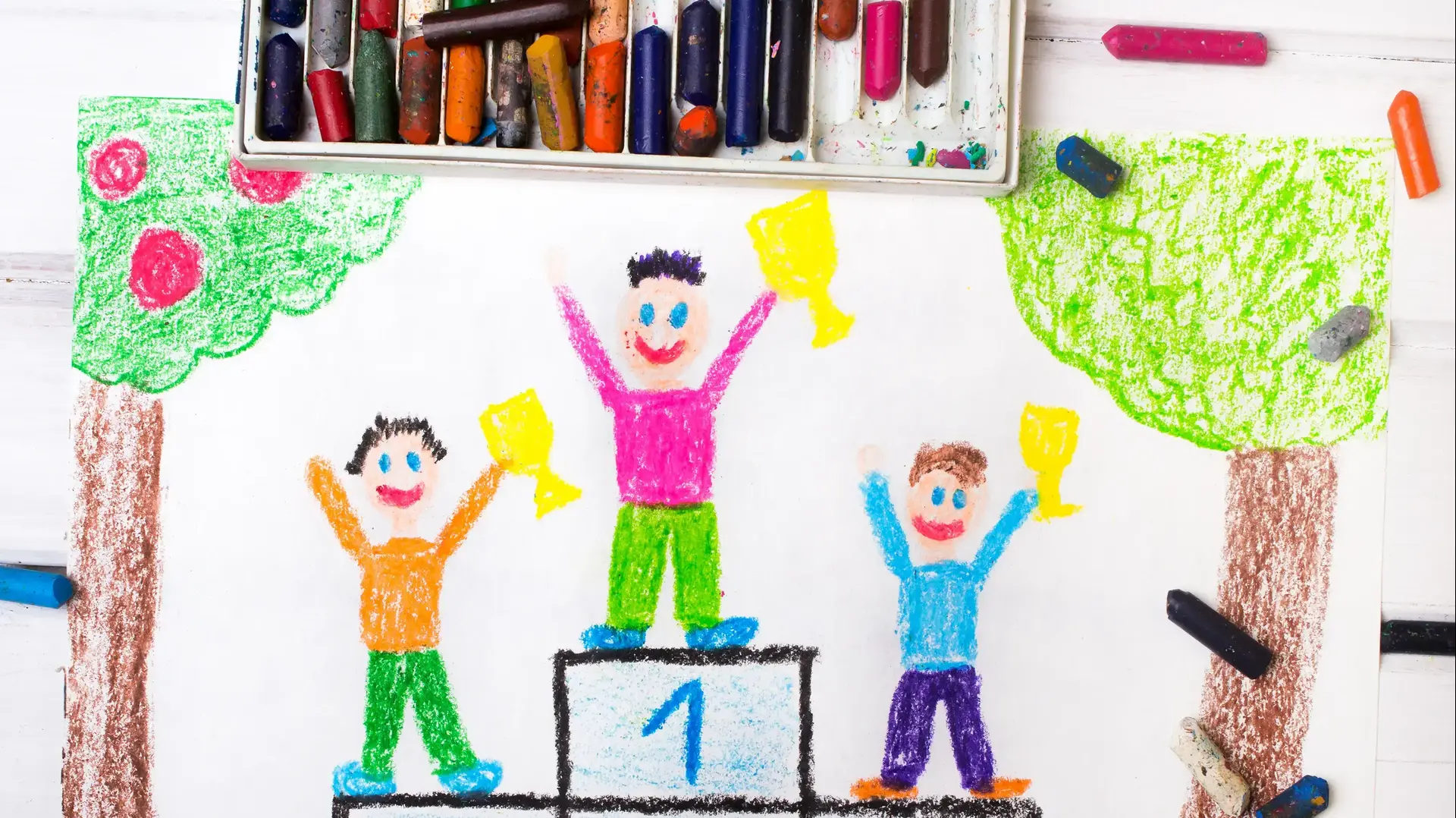 ציור ילדים שמראה דוכן מנצחים