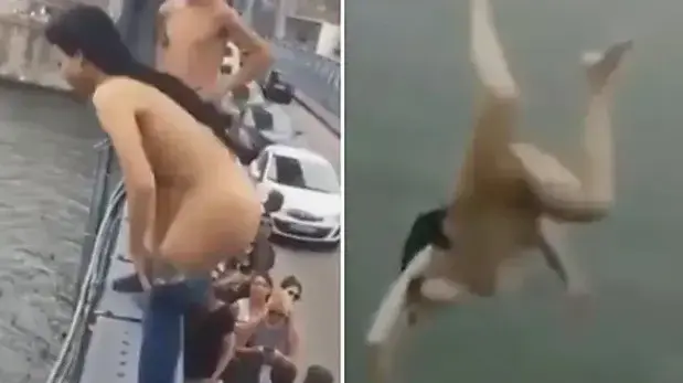 תיירת קופצת ערומה מגשר בפורטוגל