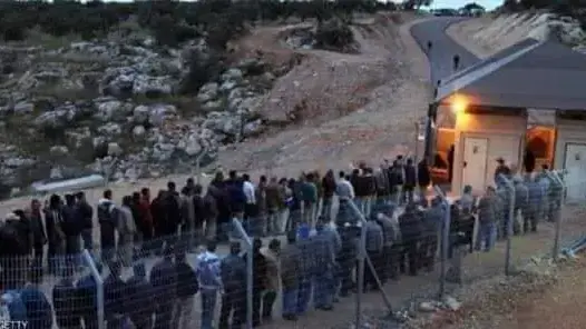 פועלים פלסטינים שהורשו לשוב לעבוד בישראל, עומדים בתור לכניסה לארץ. 3 במאי 2020