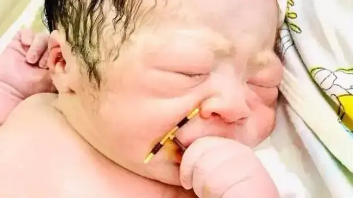 תינוק אוחז בידו את ההתקן התוך רחמי הכושל של אמו