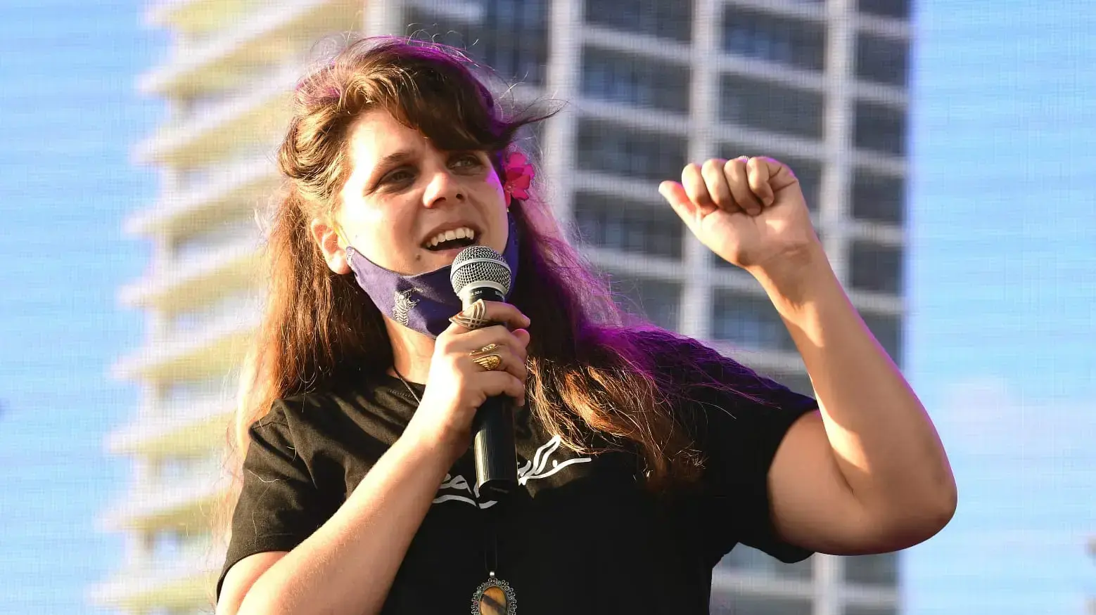 דפני ליף באירוע מחאה בסימן 9 שנים למחאה החברתית, גן צ'ארלס קלור, תל אביב, 14 ביולי 2020