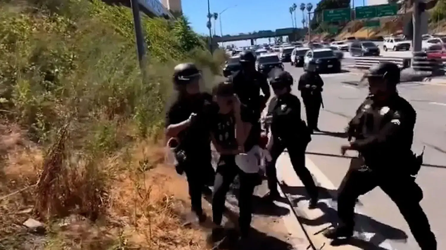 השחקנית ג'ודי סוויטין, מהסדרה המיתולוגית "צער גידול בנות" נדחפת באלימות לקרקע על ידי כוחות חמושים של משטרת לוס אנג'לס