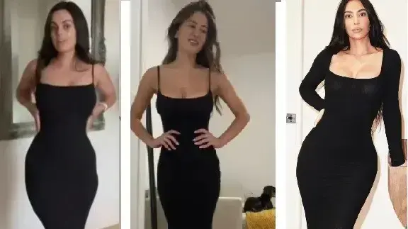 נשים עם חזה גדול מודדות את השמלה השחורה של קים קרדשיאן