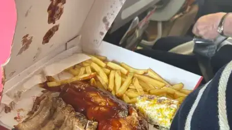 נוסעת תיעדה נוסע לידה אוכל צלעות בטיסה
