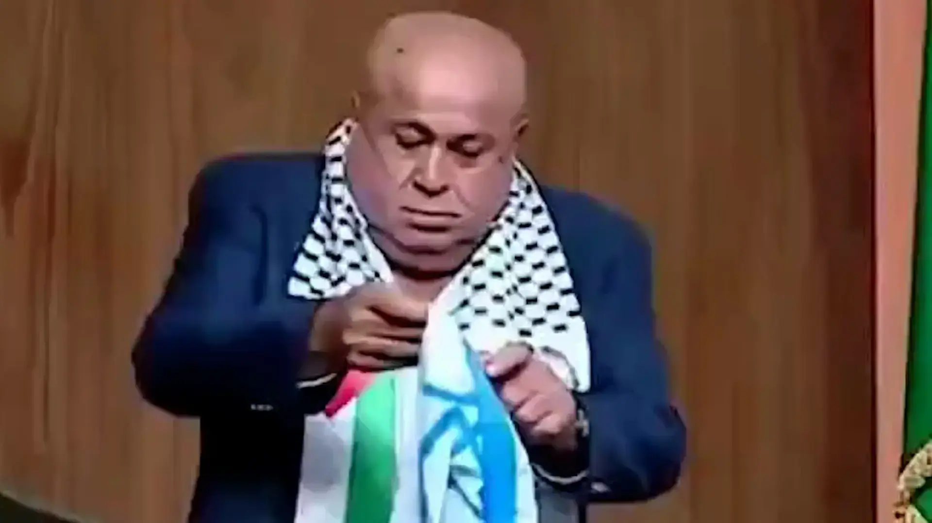 חבר הפרלמנט הירדני חליל עטייה שורף דגל ישראל בכינוס בקהיר