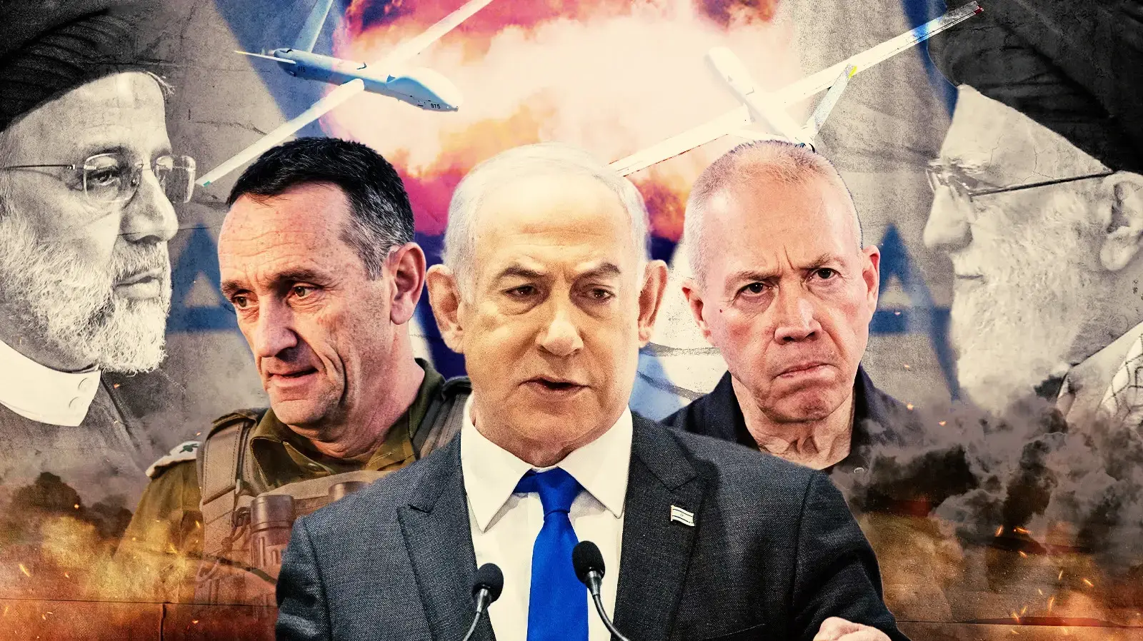 ראש הממשלה בנימין נתניהו, שר הבטחון יואב גלנט, הרמטכ"ל הרצי הלוי, המנהיג העליון באיראן	עלי ח'אמנאי, נשיא איראן אבראהים ראיסי