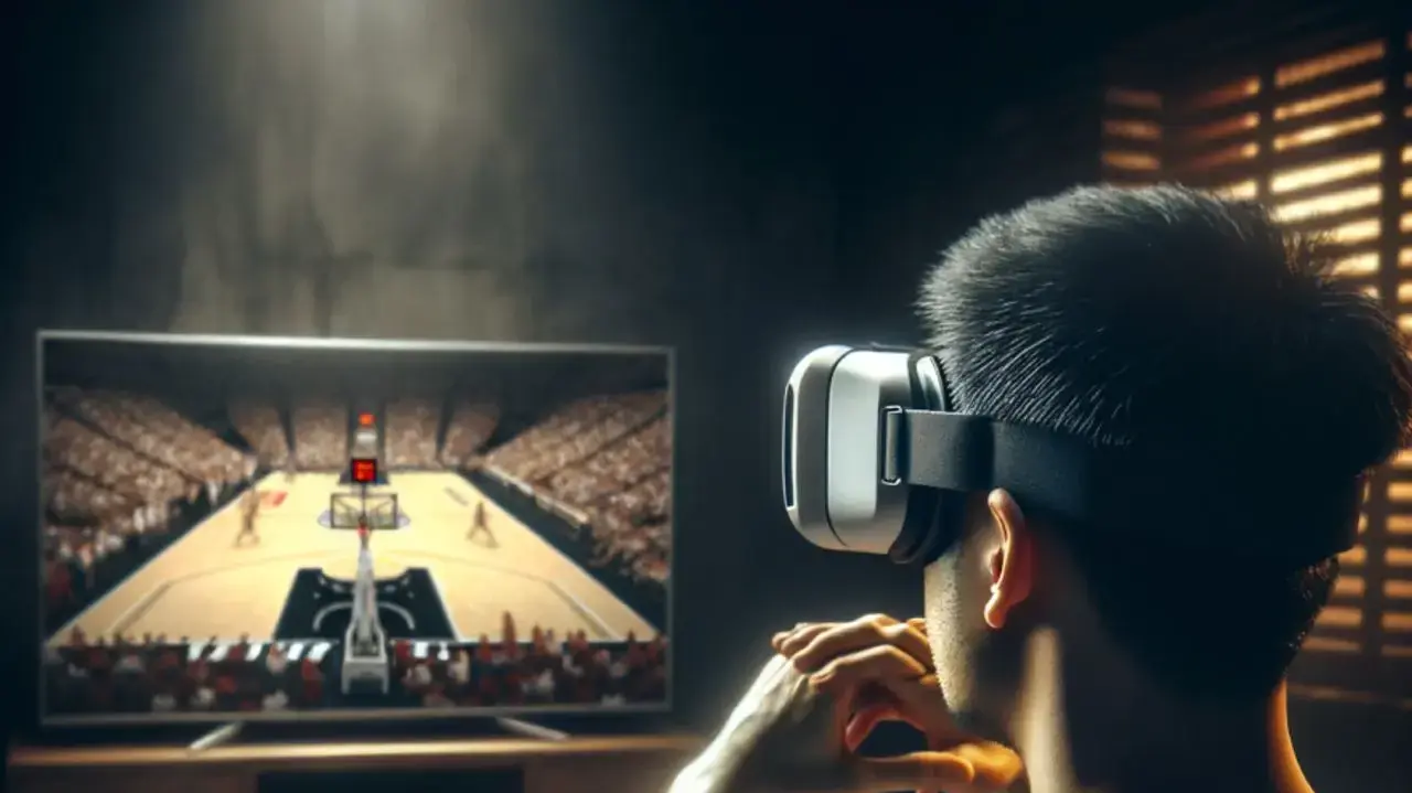גבר צופה בטלוויזיה באמצעות משקפי VR