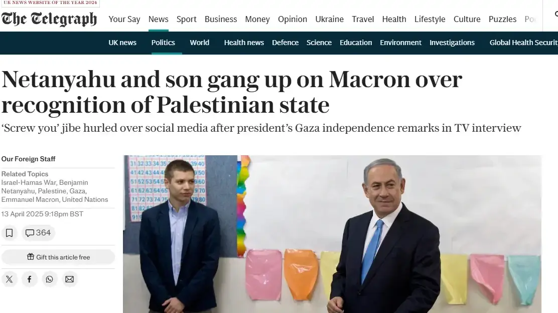 יאיר נתניהו נגד נשיא צרפת עמנואל מקרון, טלגרף, בריטניה