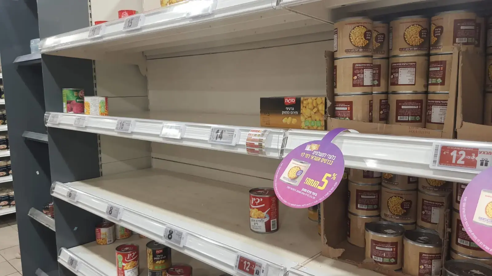 מדפים ריקים לאחר תקיפת ישראל באיראן, סניף רמי לוי פתח תקווה, 13 ביוני 2025