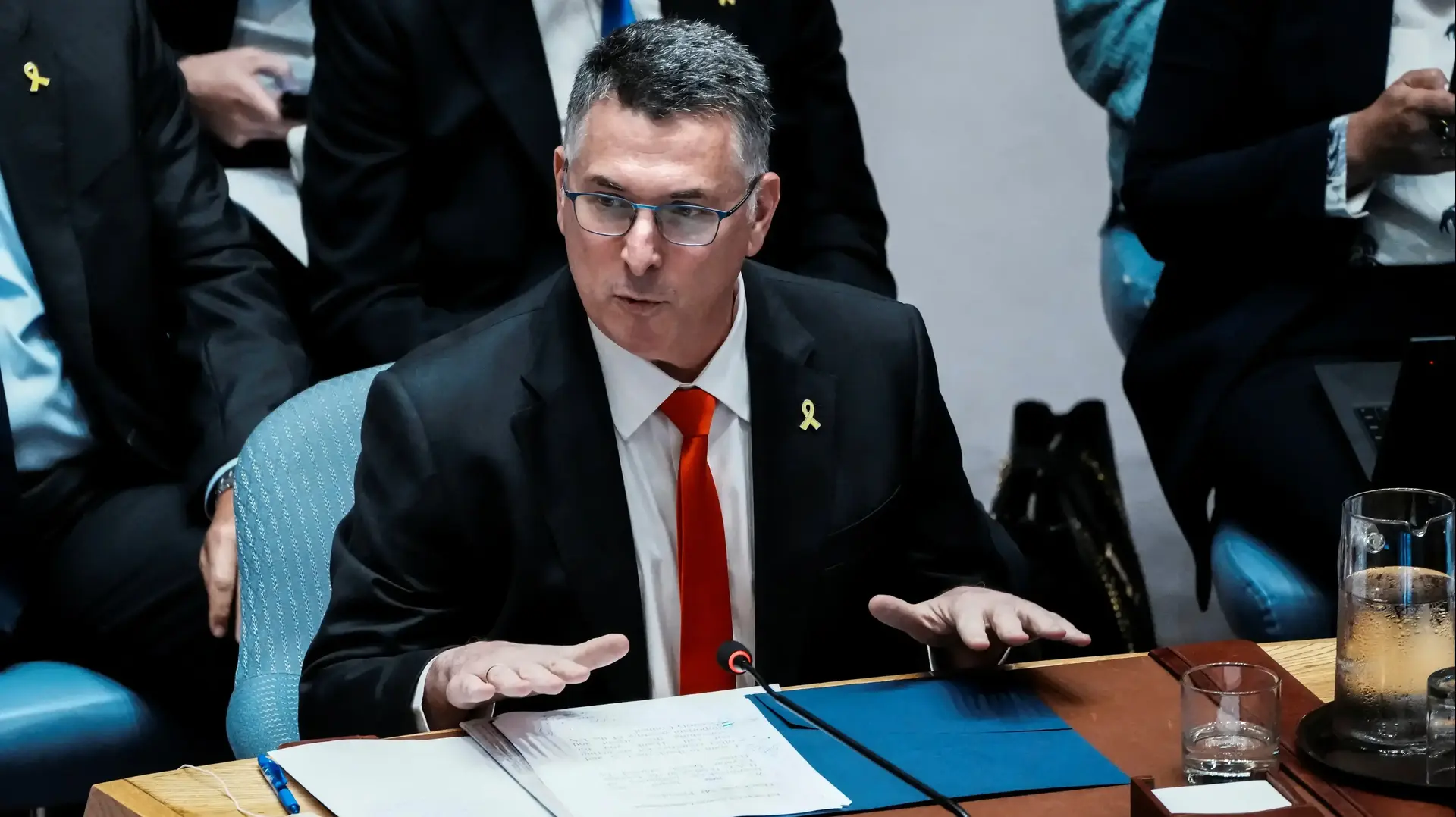 שר החוץ גדעון סער במועצת הביטחון של האו"ם במהלך הדיון במצב החטופים בעזה