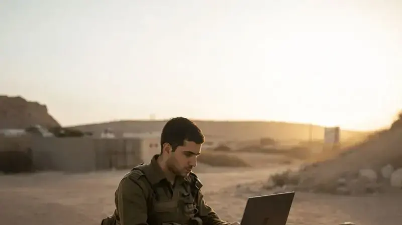 חייל מילואים עובד בשטח עם לפטופ חייל מילואים עובד בשטח עם לפטופ