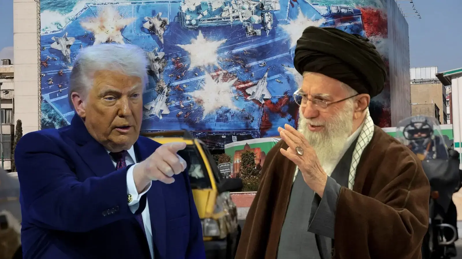 נשיא ארה"ב דונלד טראמפ ומנהיג איראן עלי חמינאי על רקע כרזה המאיימת על נושאת המטוסים האמריקנית בטהראן, איראן, 31 בינואר 2026 נשיא ארה"ב דונלד טראמפ ומנהיג איראן עלי חמינאי על רקע כרזה המאיימת על נושאת המטוסים האמריקנית בטהראן, איראן, 31 בינואר 2026