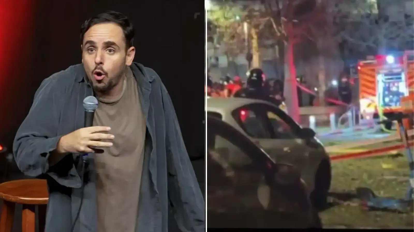 הקומיקאי דניאל חן וצילום מסטורי שהעלה באינסטגרם לאחר שביתו במרכז תל אביב ספג פגיעה ישירה במטח הטילים מאיראן לתל אביב, 1 במרץ 2026