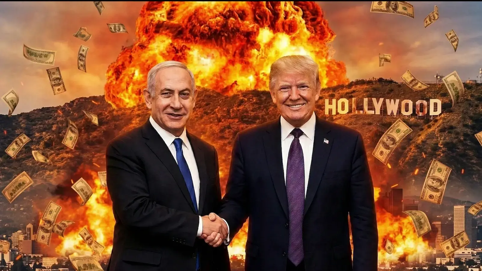 דונלד וביבי על רקע הוליווד בלהבות