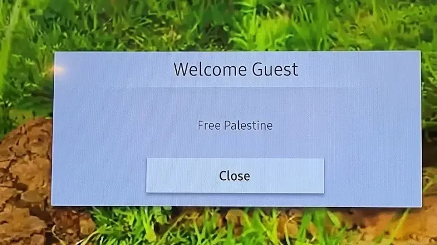 הודעה "שחררו את פלסטין" על הטלוויזיה בחדר המלון