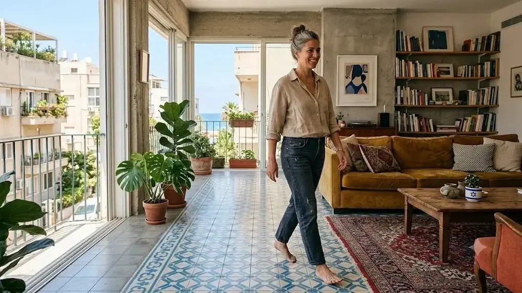 אישה הולכת יחפה בביתה