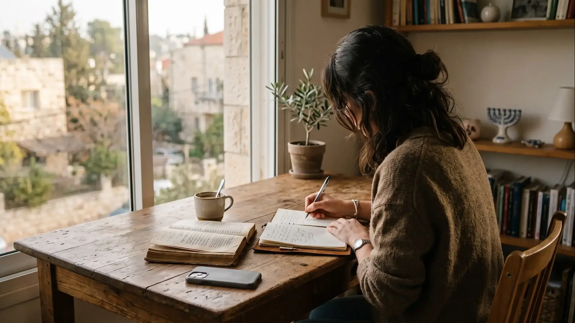 אישה צעירה כותבת פסוקים מהתנ"ך במחברת