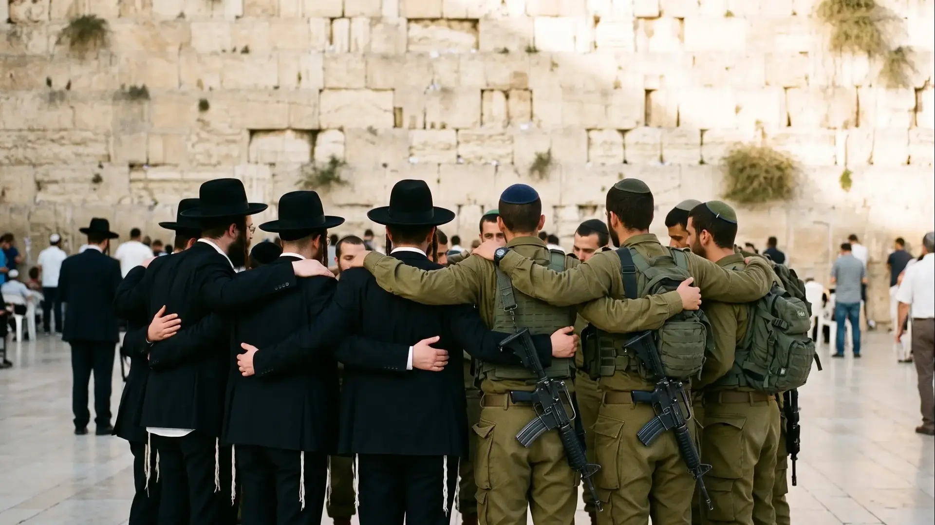 חרדים וחיילים עומדים חבוקים ליד הכותל המערבי