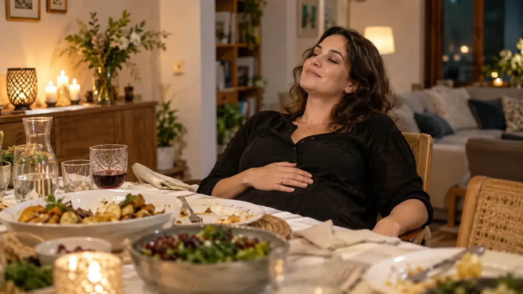 אישה לאחר ארוחת חג מלאה