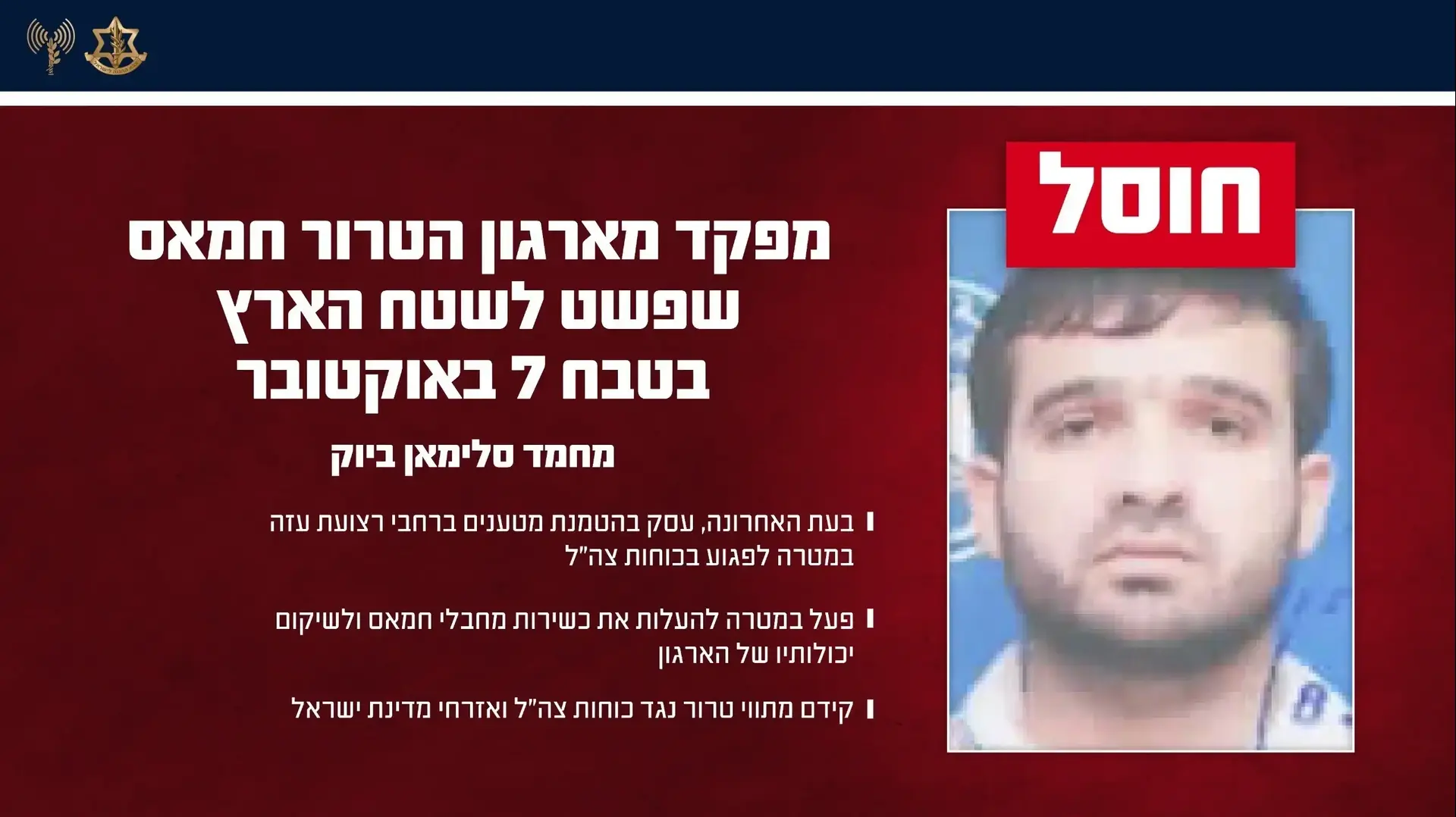 אינפוגרפיקה אודות החיסול של המחבל מחמד סלימאן ביוק, מפקד בזרוע הצבאית של ארגון הטרור חמאס