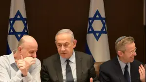 רה"מ בנימין נתניהו, צחי הנגבי, יוסי פוקס בועדת השרים לענייני ביטחון לאומי (הקבינט המדיני-ביטחוני), בלשכת רה"מ בירושלים, 28 במרץ 2024