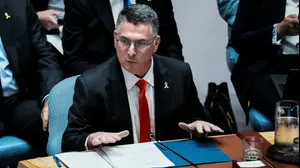 שר החוץ גדעון סער במועצת הביטחון של האו"ם במהלך הדיון במצב החטופים בעזה