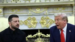נשיא ארה"ב דונלד טראמפ ונשיא אוקראינה וולודימיר זלנסקי בבית הלבן, 18 באוגוסט 2025