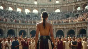 לוחמת גלדיאטורית מול קהל בקוליסאום