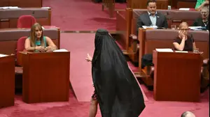 הסנאטורית פולין האנסון לובשת בורקה בדיון בסנאט של אוסטרליה, 24 בנובמבר 2025