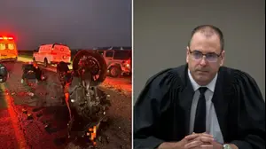 נשיא בית המשפט המחוזי בבאר שבע בני שגיא והאופנוע עליו רכב כשנהרג בתאונת דרכים בכביש 6