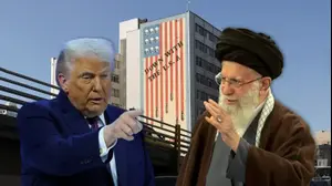 נשיא ארה"ב דונלד טראמפ ומנהיג איראן עלי חמינאי על רקע כרזה המאיימת על ארה"ב בטהראן, איראן, 31 בינואר 2026