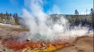 גייזר אכינוס החומצי בשיא תפארתו החורפית. אגן הגייזרים נוריס, פטרק ילוסטון